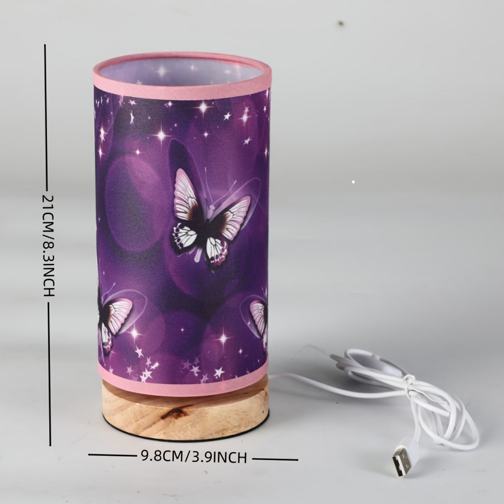 Purple Butterfly Table Lamp with Wood Base for Bedroom or Room Decor