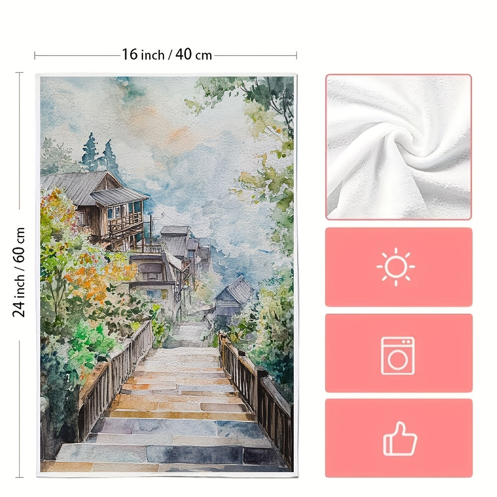 Set of 2 Ultra Soft Kitchen Towels, Scenic Design, Absorbent, 40x60 cm