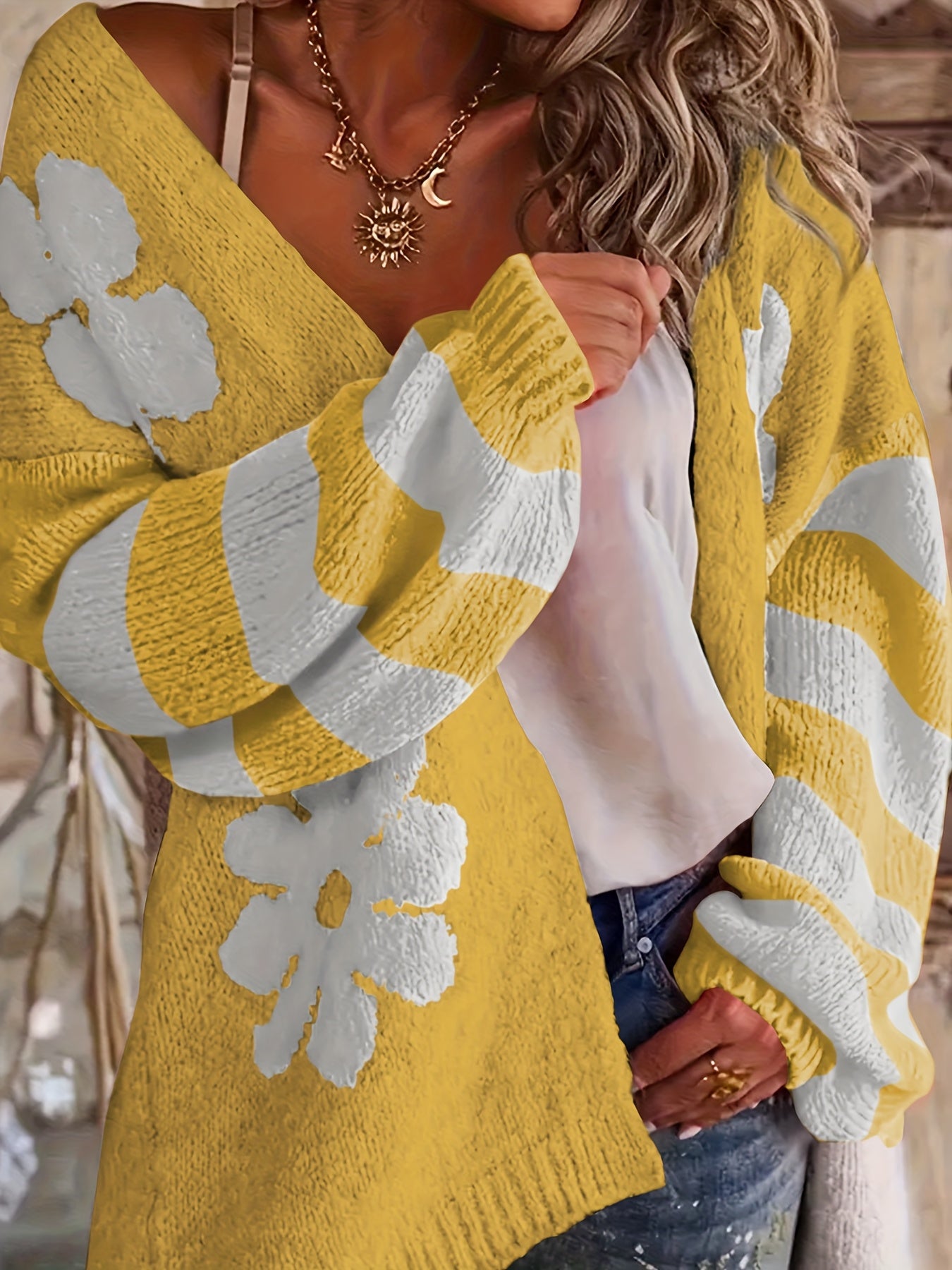 Women's Plus Size V-Neck Floral Print Knit Cardigan Long Sleeve Sweater