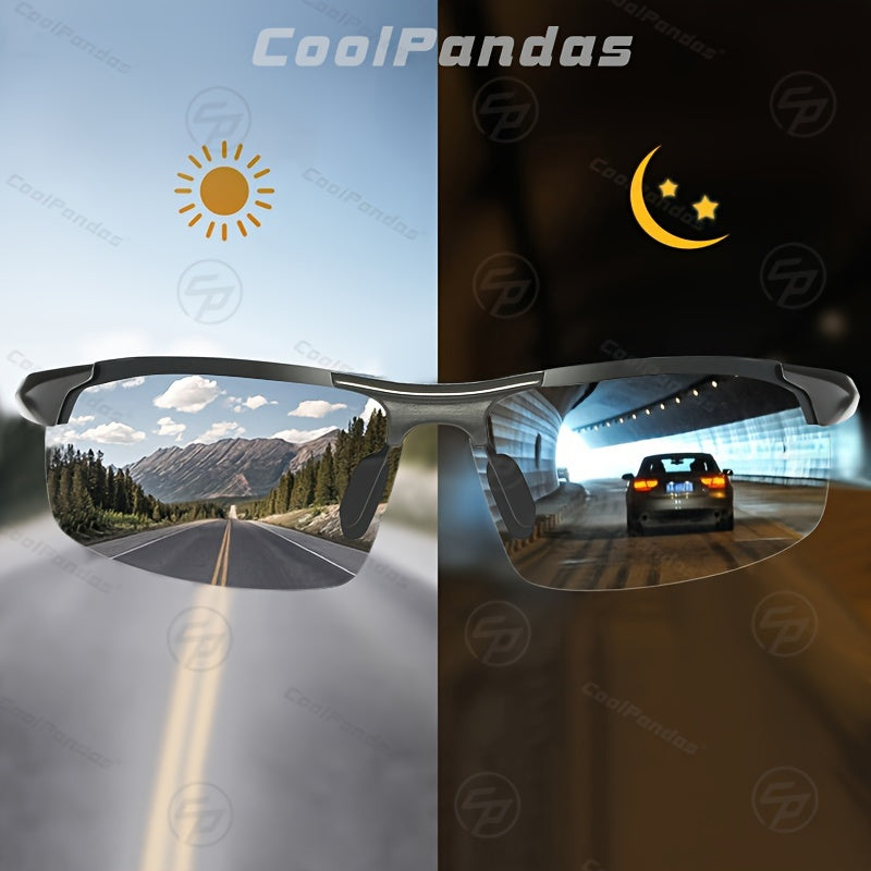 Men's Aluminum Rimless Photochromic Glasses Polarized Day Night Driving Anti-Glare