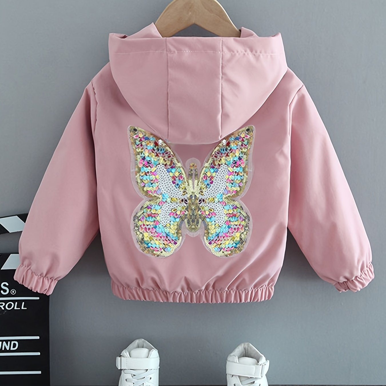 Girls Butterfly Sequin Hooded Jacket Spring Fall Casual Zip-Up Coat