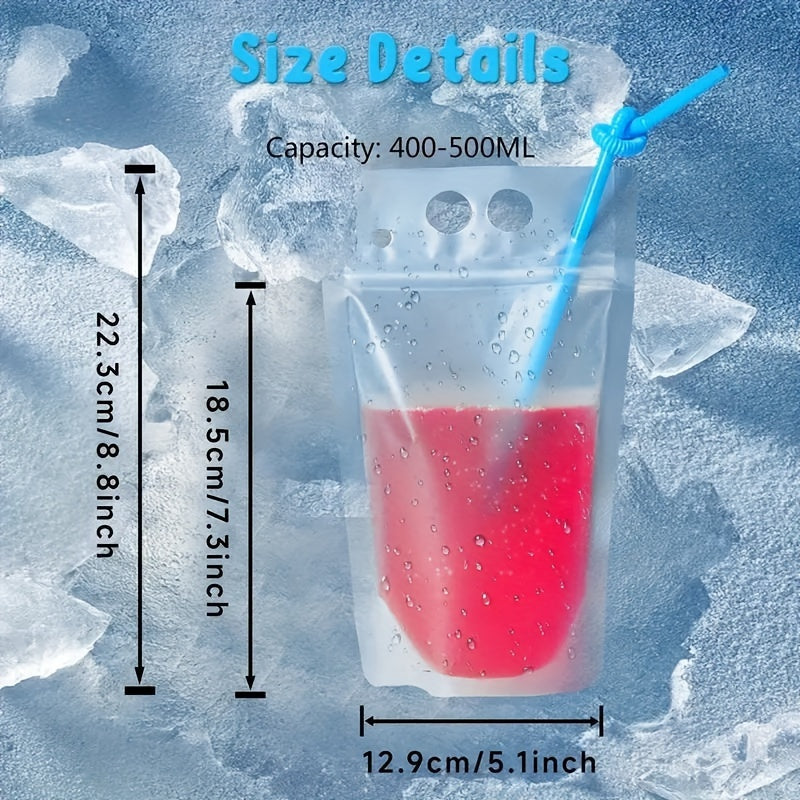 20 ta plastik ichimlik paketlari, quvur teshiklari bilan, qayta yopiladigan, portativ sharbat sumkalar