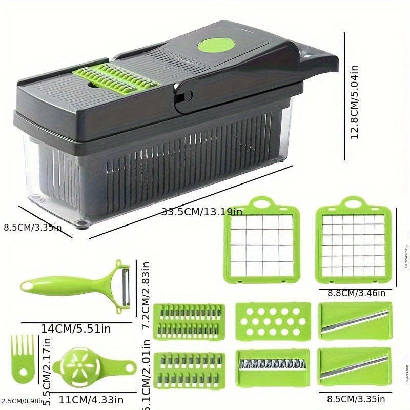 16-in-1 Sabzavotlarni maydalash va bo‘laklash uchun 8 ta pichoq bilan shaffof konteyner Qo‘lda oshxona asbobi