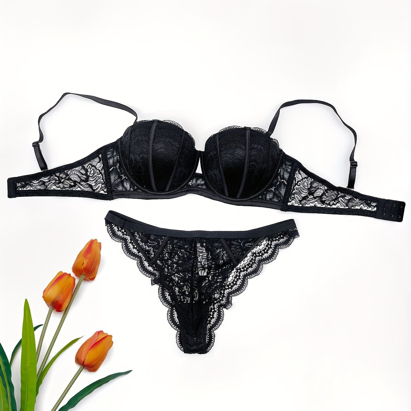 Women's Floral Lace Embroidered Push-Up Lingerie Set with Adjustable Bralette and Panty