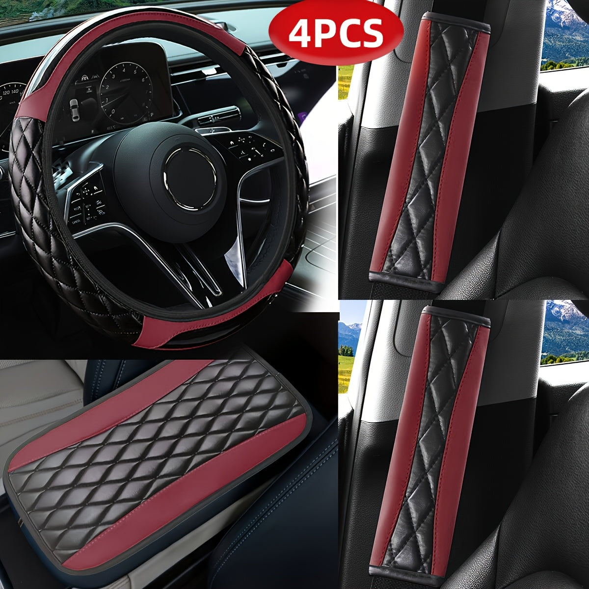 Juego de interior de coche de fibra de carbono para unisex incluye cubierta de volante, cubierta de cinturón de seguridad y almohadilla de reposabrazos