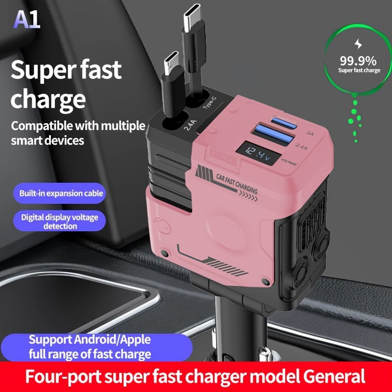 Telescopic Car Charger 66W 2 USB Ports Fast Charging Compact Adapter