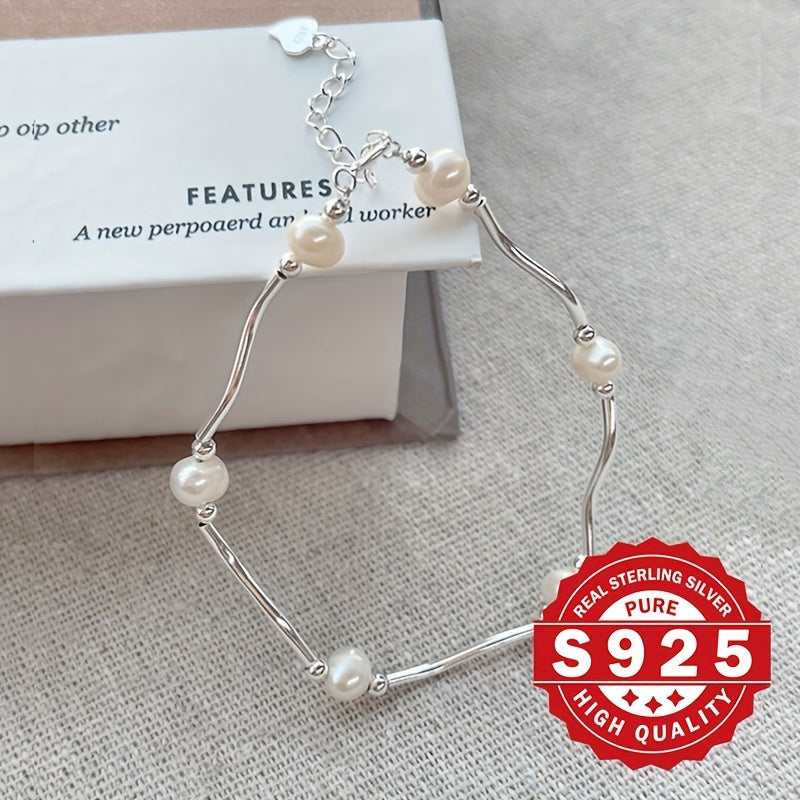 Women's Pearl Bracelet with 925 Silver and Freshwater Pearls for Gift or Everyday Wear