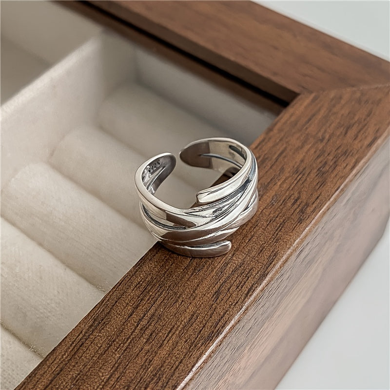 Sterling Silver Wide Band Ring with Multiple Layers for Women