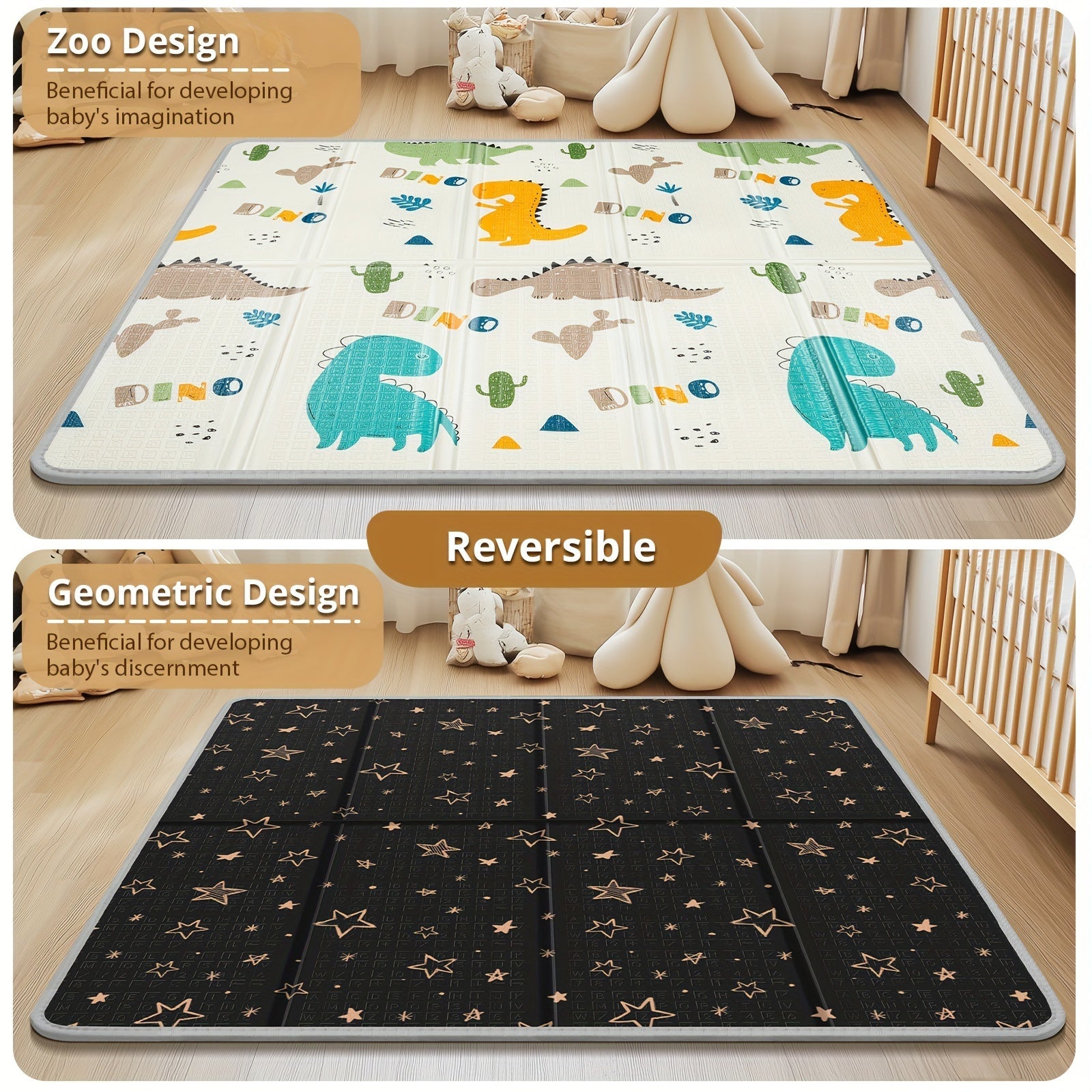 Reversible Play Mat with Dinosaur and Alphabet Patterns 127x127 cm Waterproof Non-Slip Foldable Indoor Floor Mat