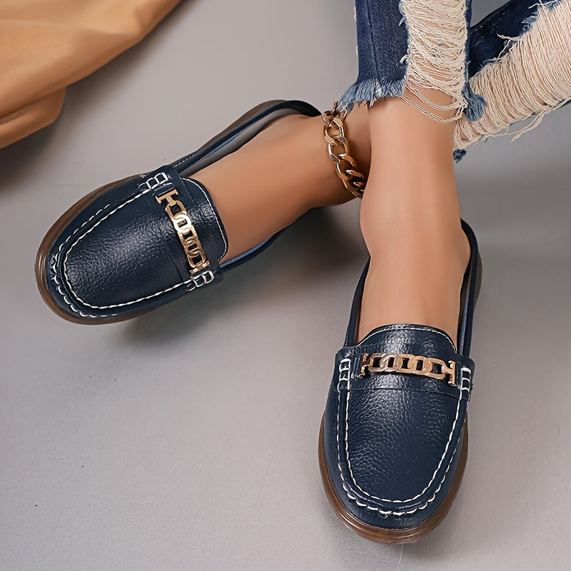 Women’s Fashion Mules Slip-Resistant Flats with Metallic Buckle in Beige Black Blue