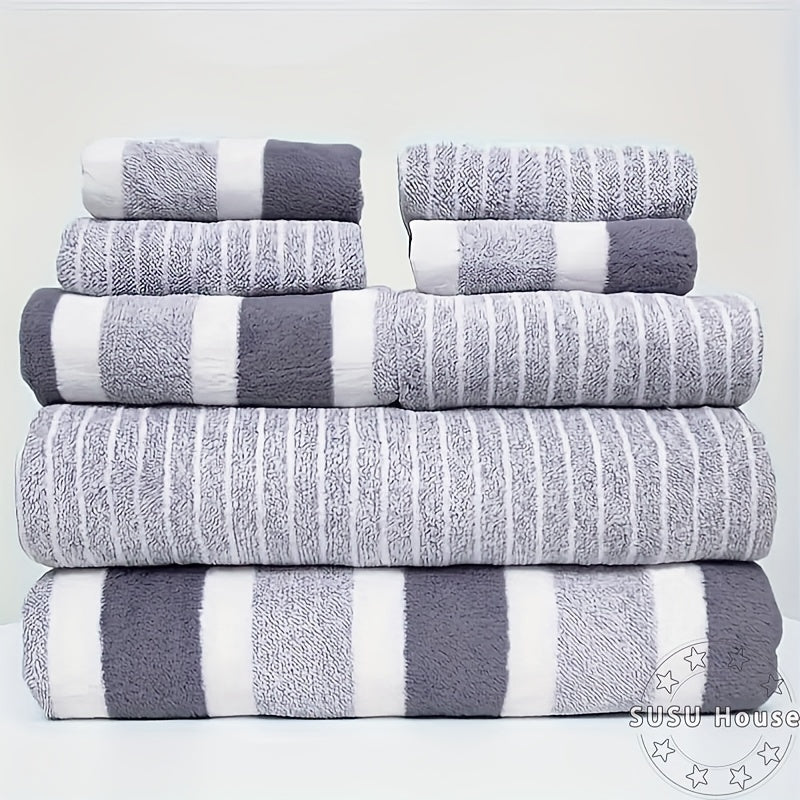 8-Piece Striped Microfiber Towel Set Bath Hand Washcloths Quick-Drying Absorbent