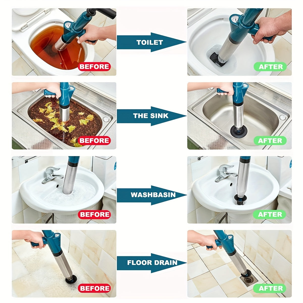 Stainless Steel Drain Unclogger Set with Toilet Plunger and Snake for Clogged Toilets