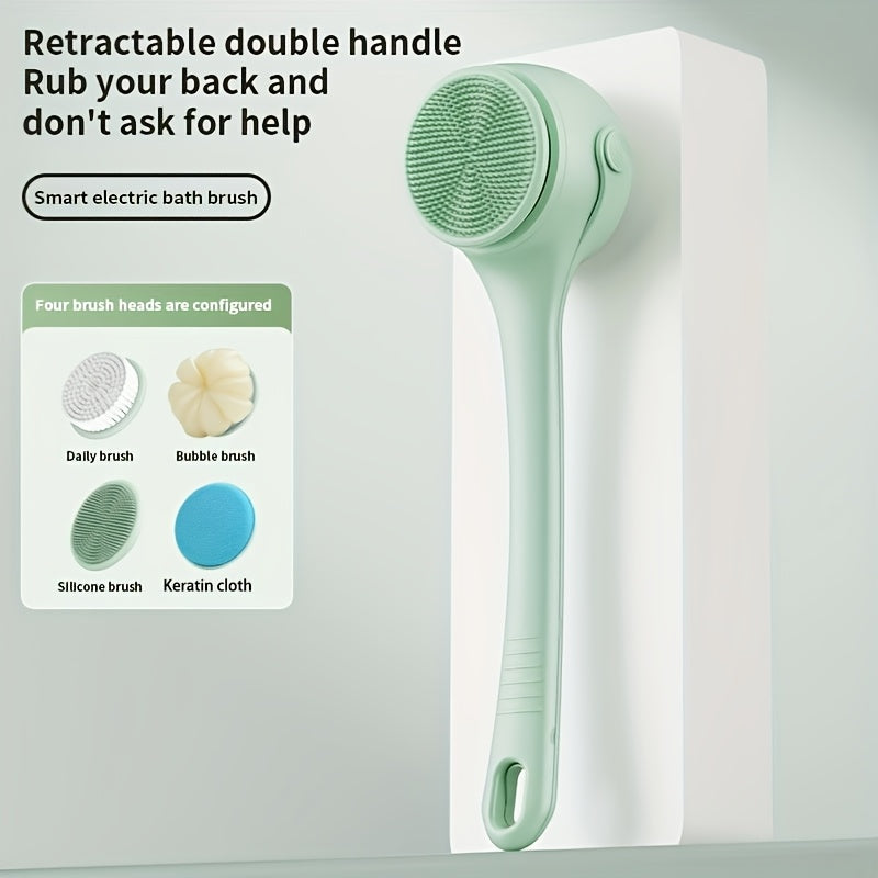 Electric Shower Brush Cleaner with 2 Long Handles 4 Rotating Shower Heads Silicone Body Scrub