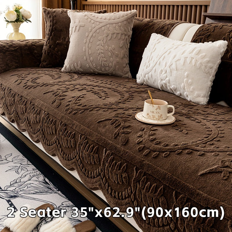 Beige Faux Rabbit Fur Sofa Cover for 1-4 Seaters with Floral Leaf Pattern Non-Slip Washable