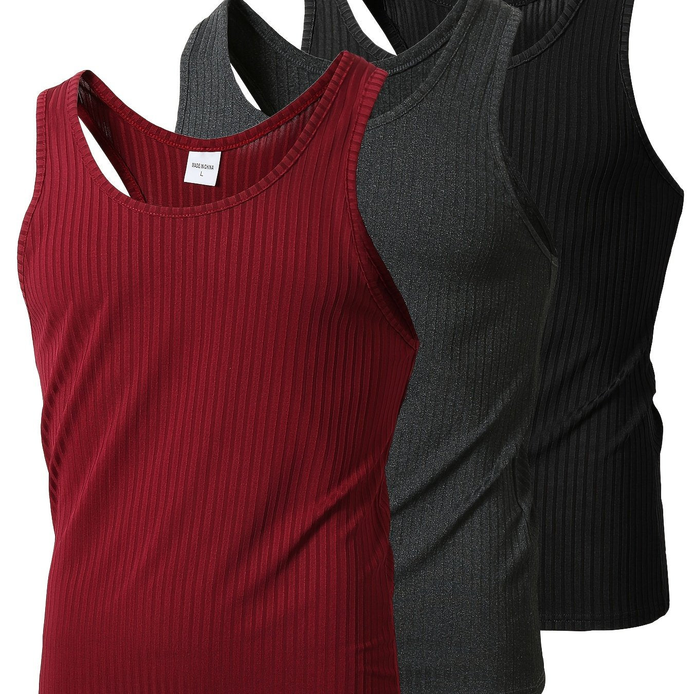 Men's Knitted Vertical Stripe Tank Top Set of 3 Polyester Sleeveless Sports Casual