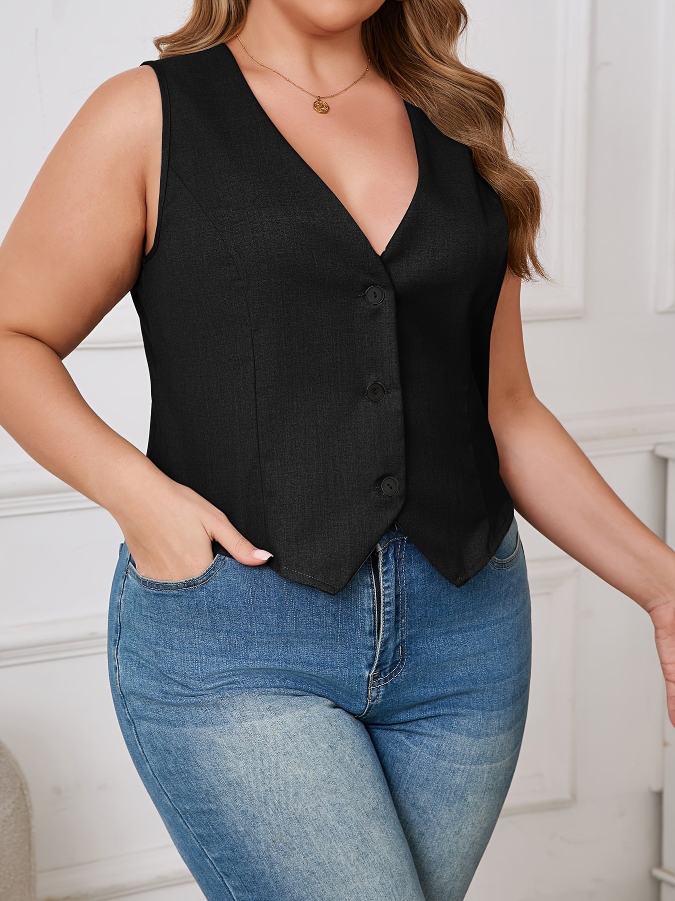 Women's Plus Size Black V-Neck Vest Sleeveless Polyester Spring Fall