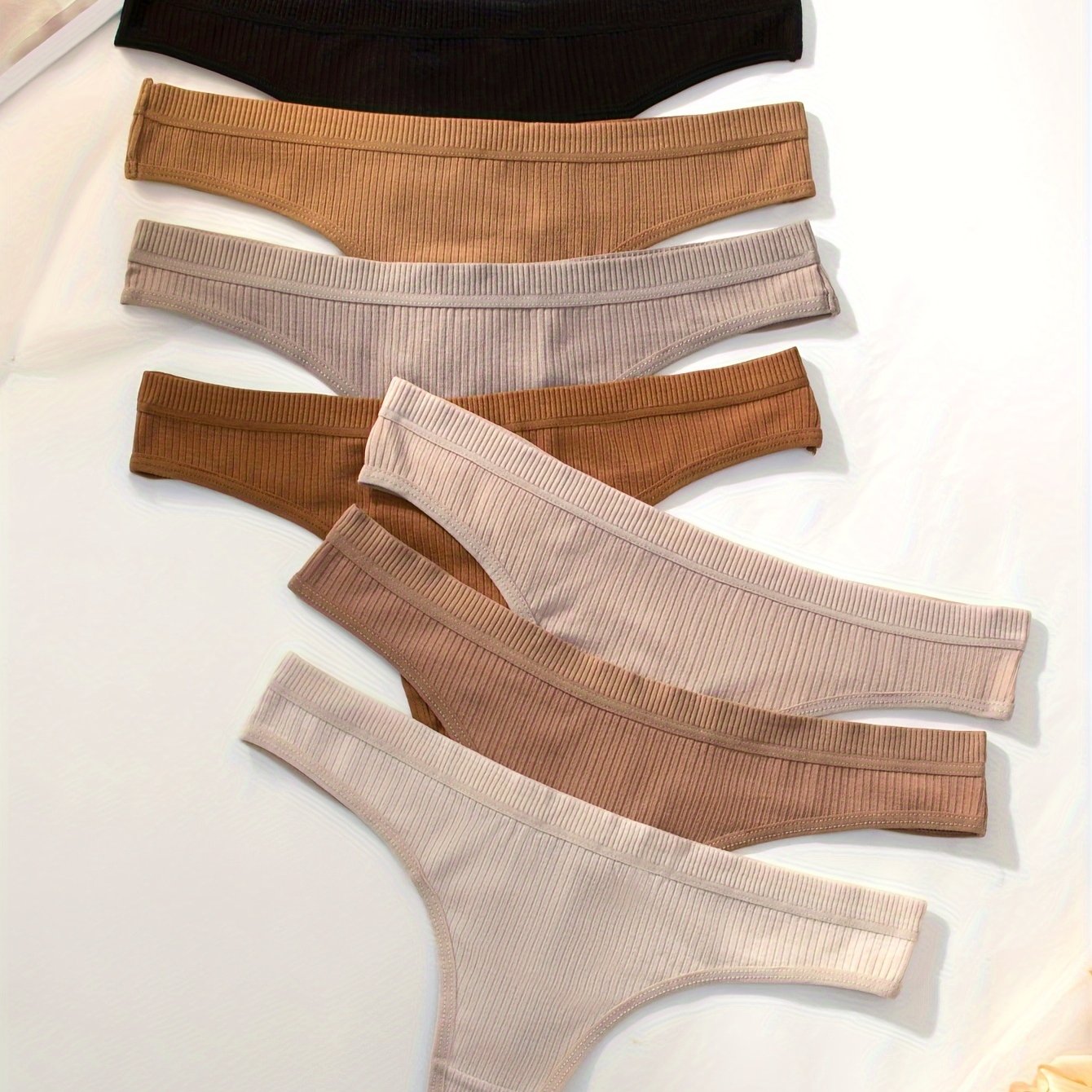 7-Pack Women's Ribbed Solid Color Thongs Polyester Blend Casual Underwear