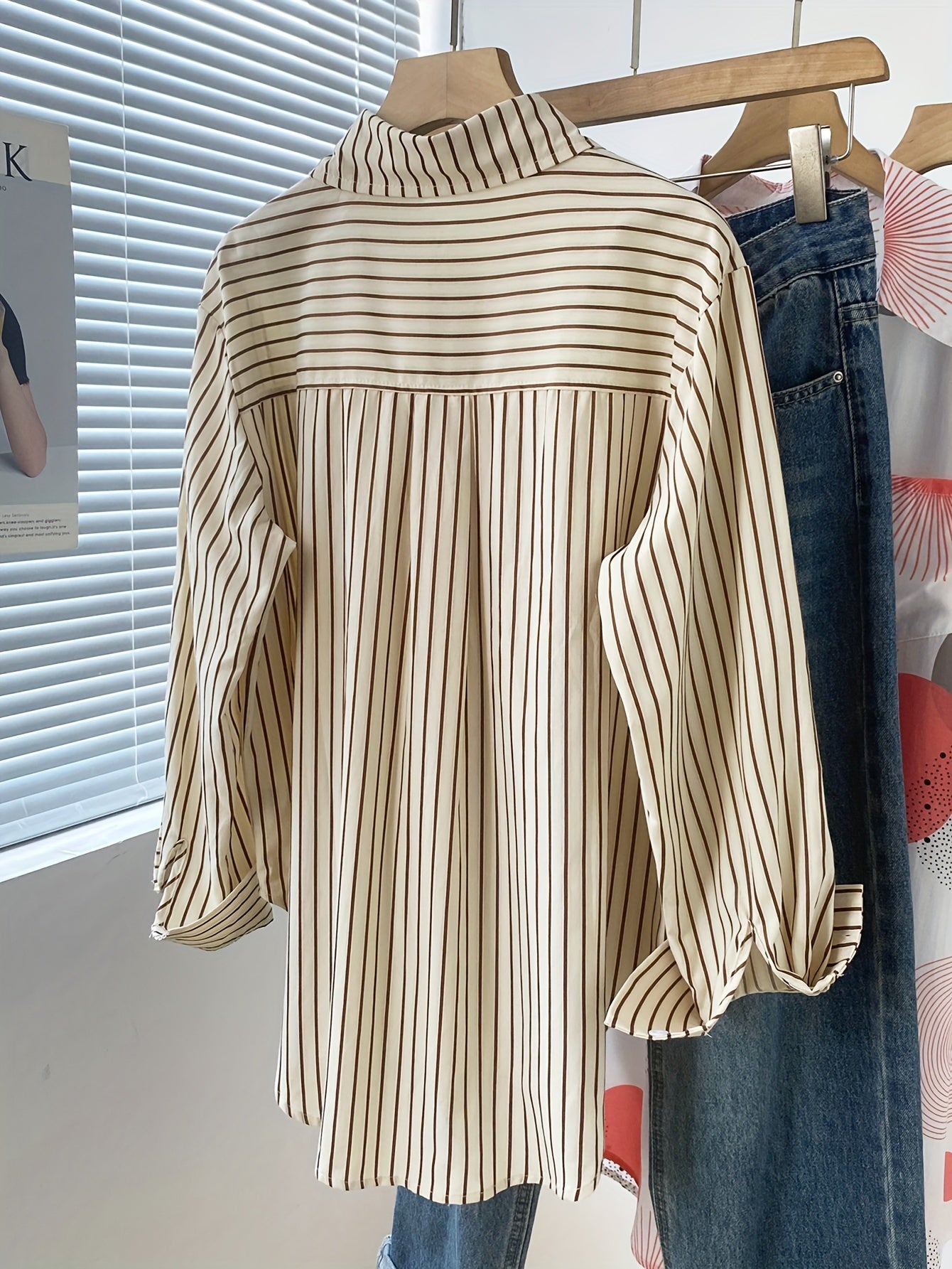 Women's Striped Cotton Blend Blouse with Ruffled Hem and Long Sleeves
