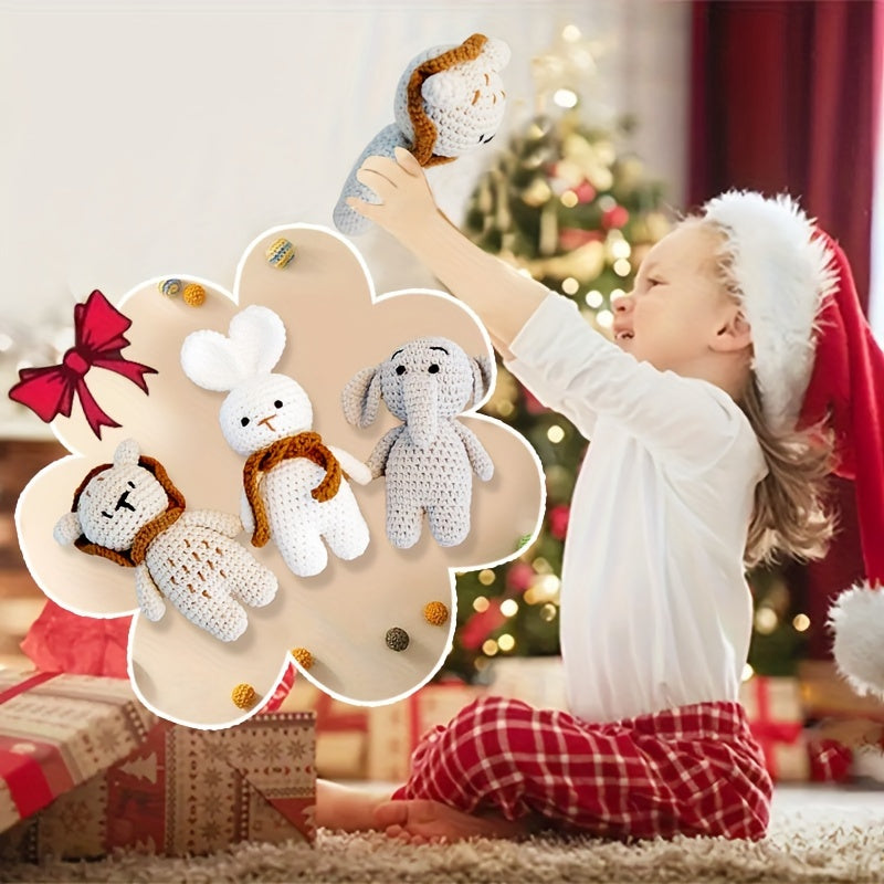 Уникальные вязаные игрушки-анималисты - Слон, Лев и Кролик - Очаровательные хлопковые игровые куклы в цветах хаки, сером и белом - Идеальный памятный подарок