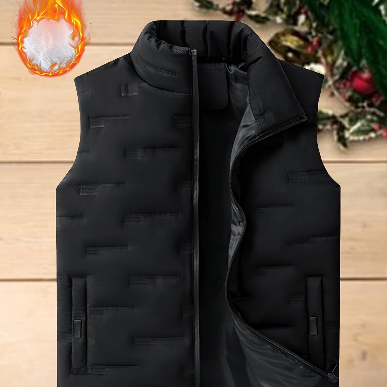Men's Sleeveless Vest Black Polyester Stand Collar Geometric Pattern Autumn Winter Layering