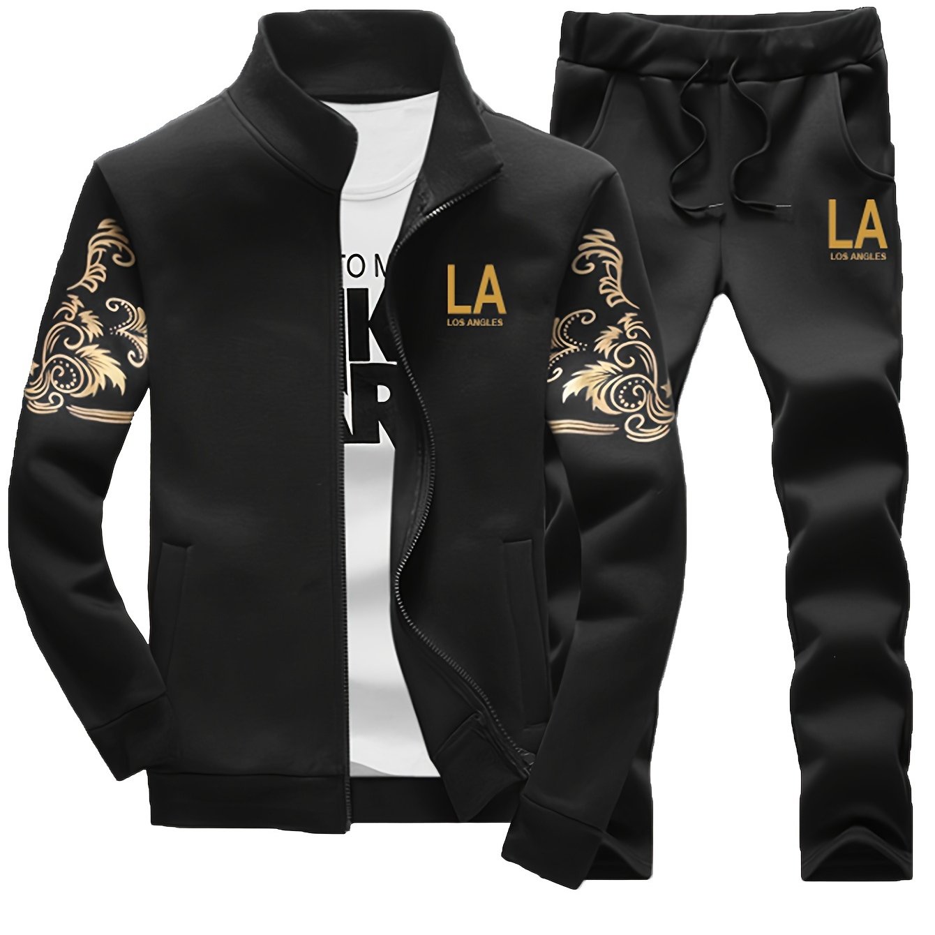 Men's Printed Zip Jacket and Drawstring Pants Set Casual Tracksuit Polyester