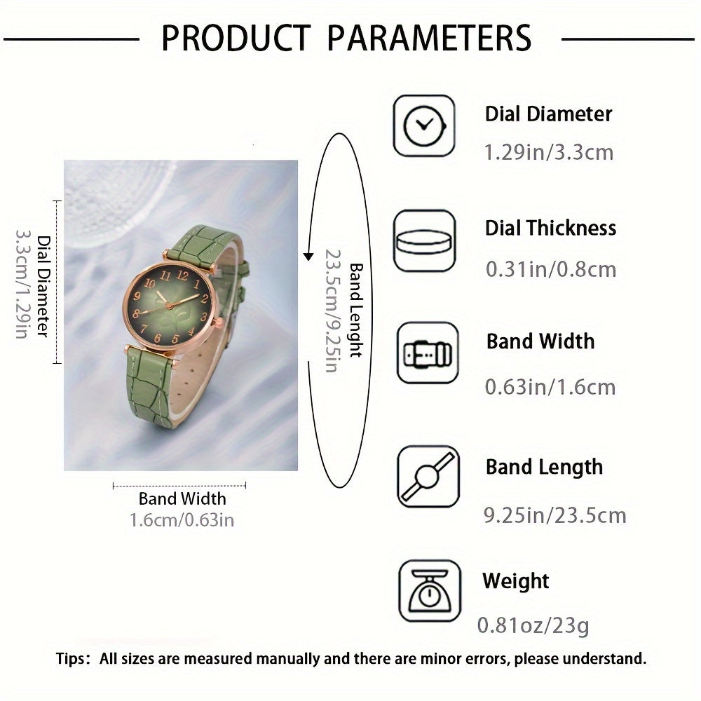 Women's Quartz Watches Set with Leaf Dial and Matching Jewelry