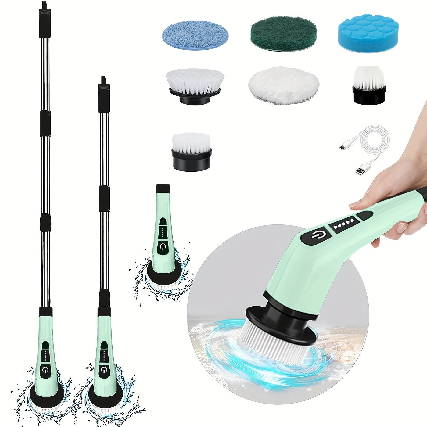 Sozlanadigan tutqich va 7 ta cho'tka boshli simsiz elektr burilishli cho'tka to'plami, dush, hammom va pol tile tozalash uchun