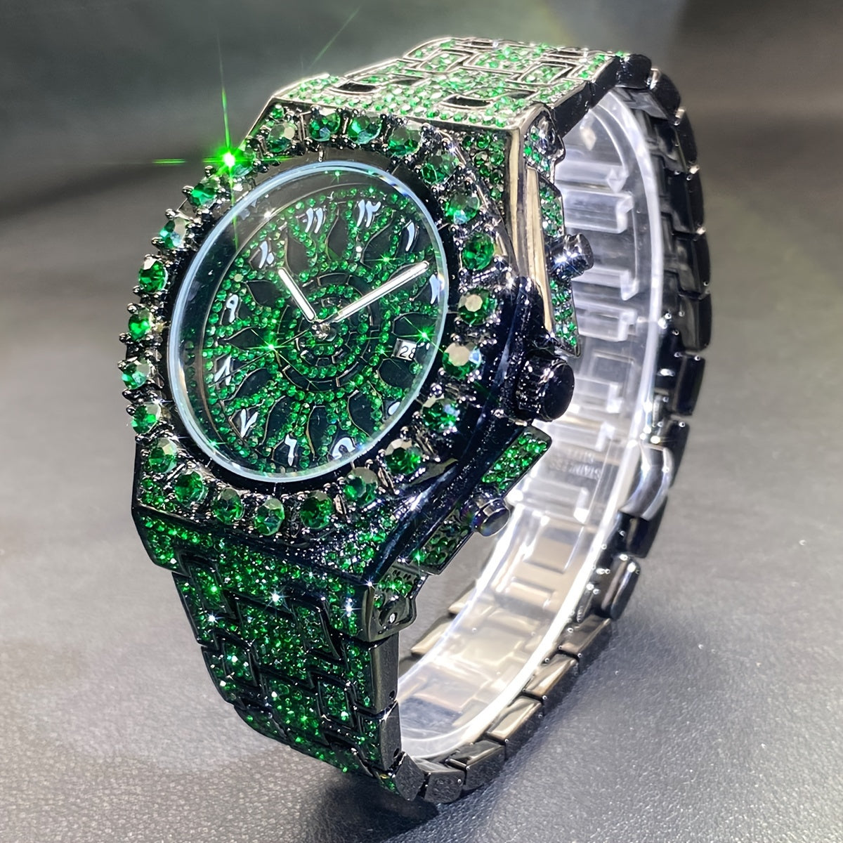 Men's Green Rhinestone Party Watch with Date Quartz Luxury Fashion Clock