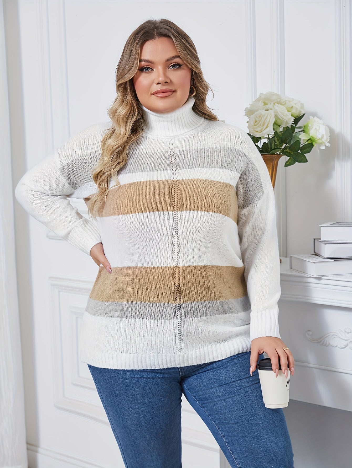 Women's Turtleneck Sweater Long Sleeve Loose Fit Striped Pullover Beige Black Fall Winter