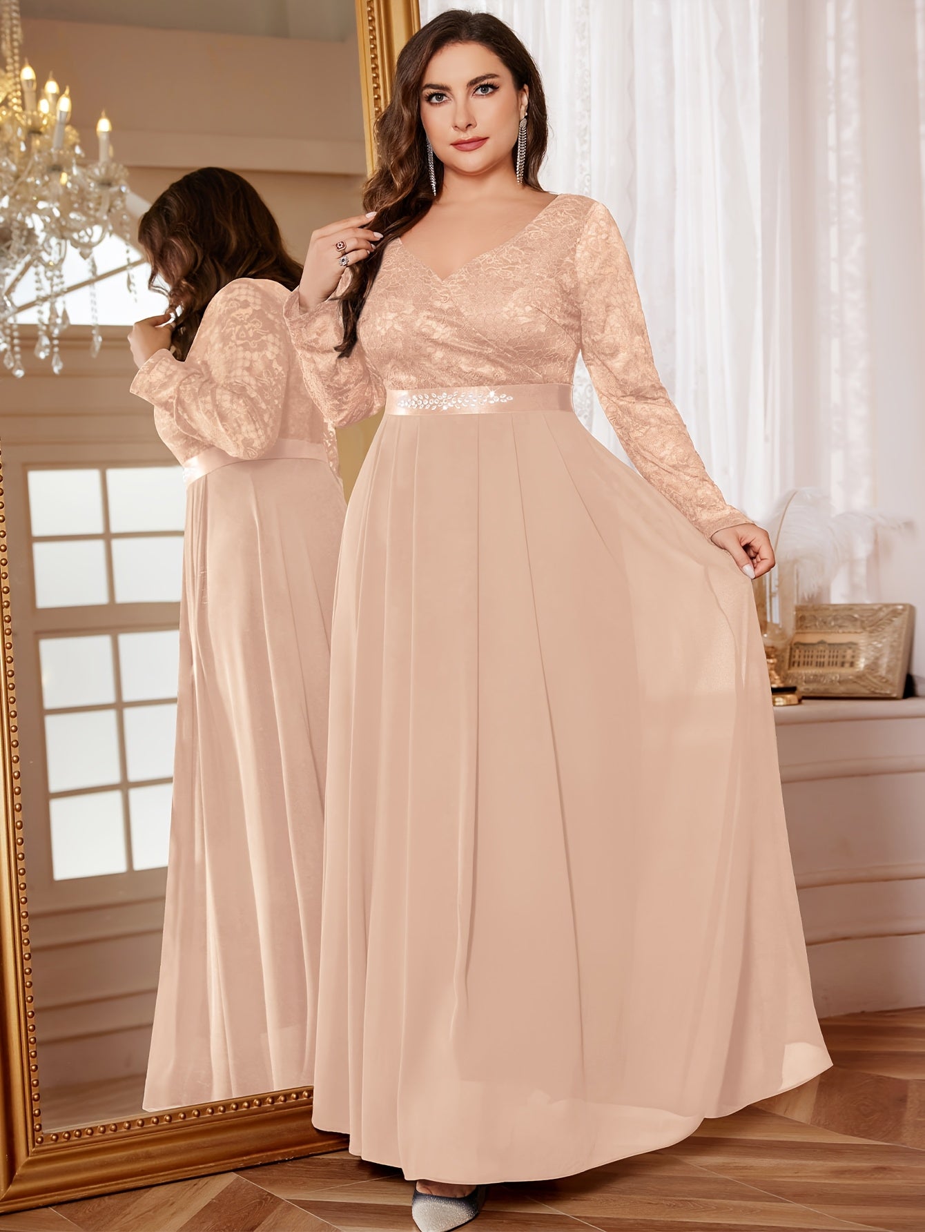 Plus Size Women’s Chiffon Long Dress V-Neck Flared Beaded Waist Party