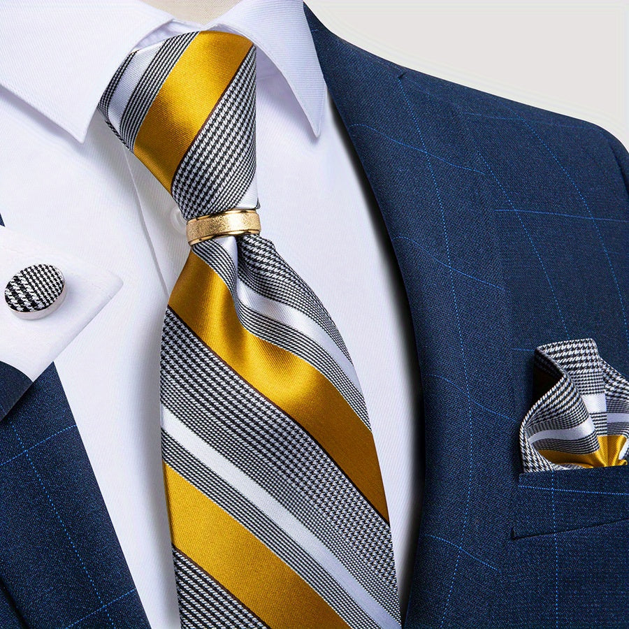 Men's Classic Striped Tie Set with Handkerchief Cufflinks and Ring for Business Formal Weddings
