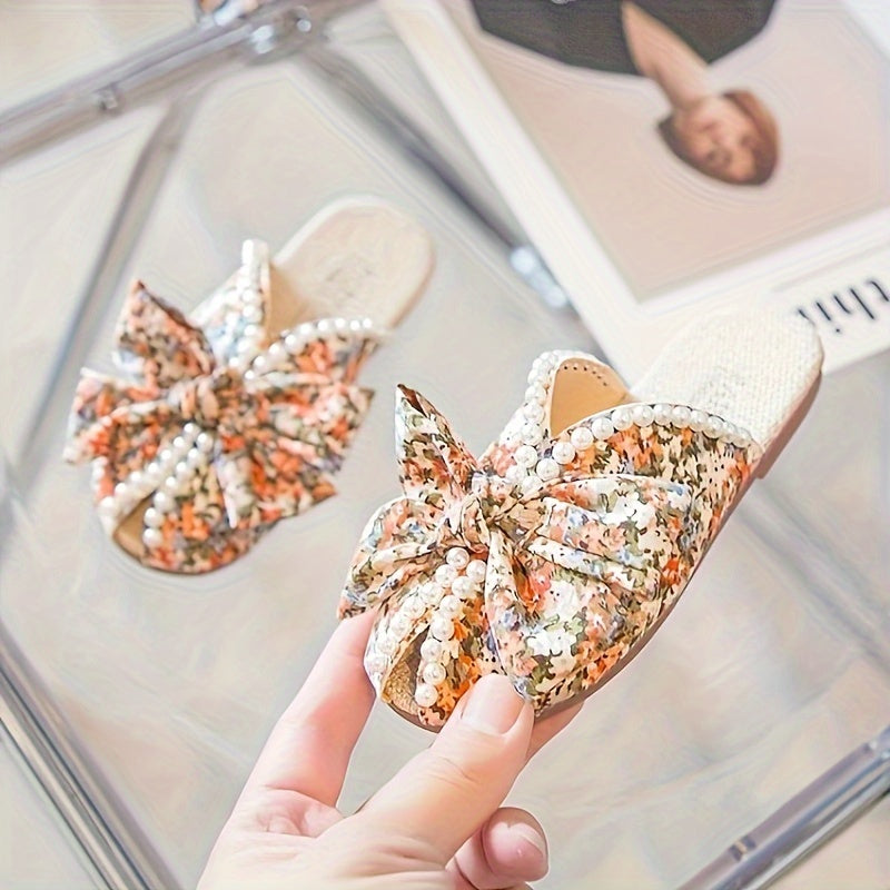 Girls Floral Fabric Indoor Shoes with Pearl Decor Non-Slip Sole