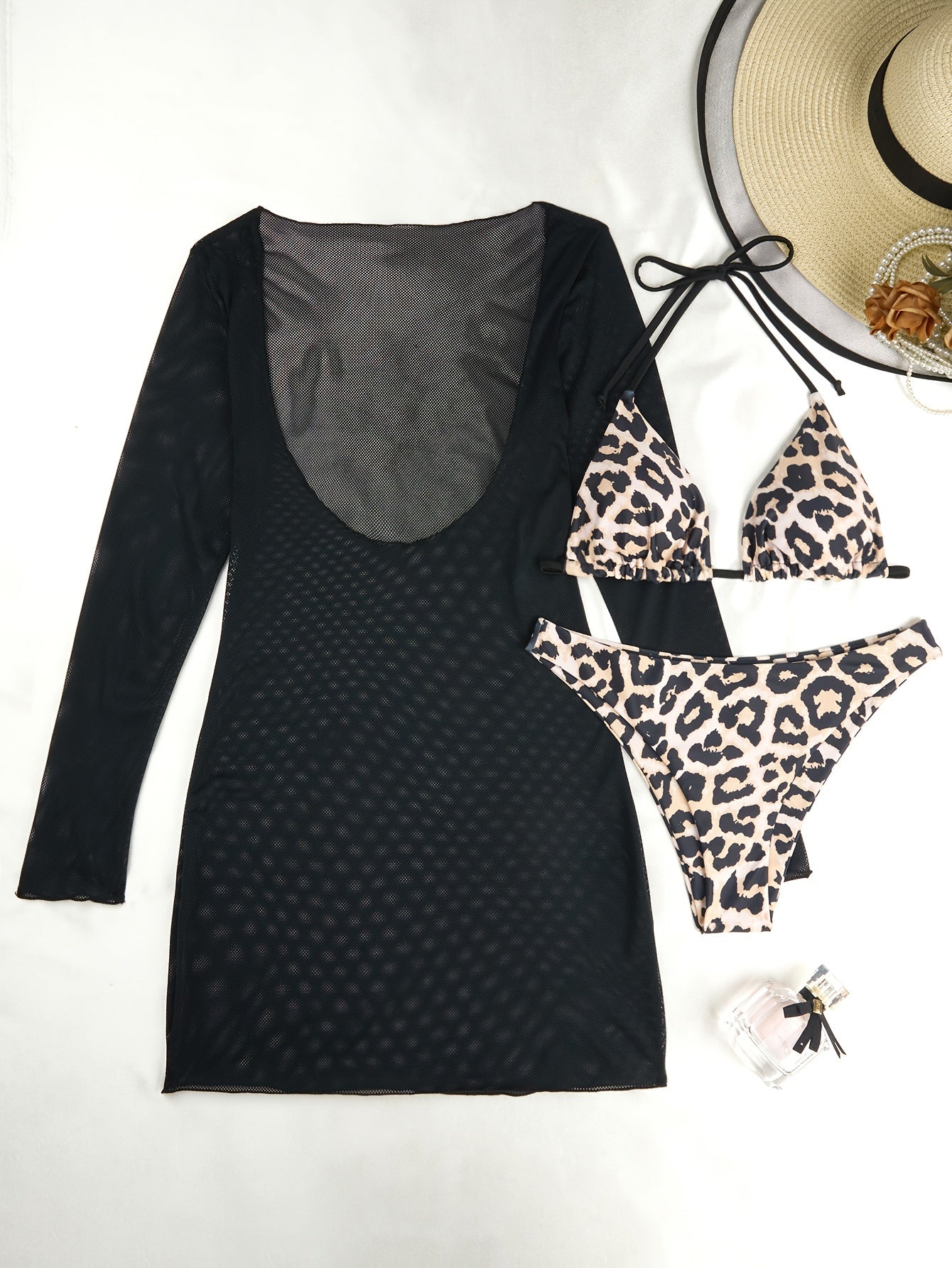Leopard Print Bikini Set with Mesh Cover-Up Sun Protection for Women