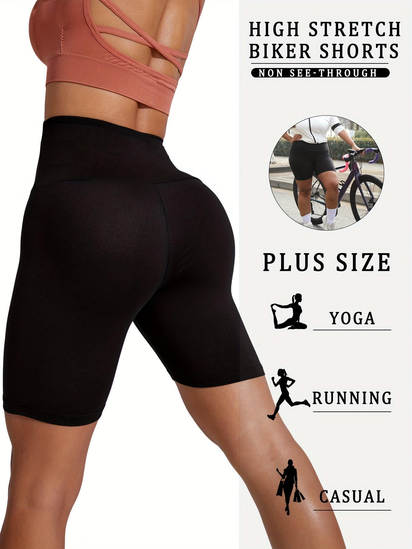 Plus Size Women's Biker Shorts High Waist Soft Solid Color Workout Yoga Athletic 5 Pack