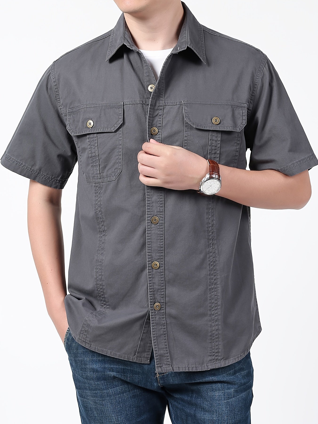 Men's Summer Cotton Short Sleeve Casual Shirt with Pocket Solid Color Regular Fit