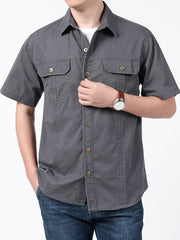 Men's Summer Cotton Short Sleeve Casual Shirt with Pocket Solid Color Regular Fit