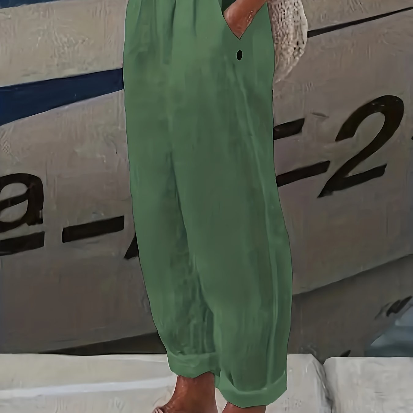 Plus Size Women's Polyester Straight Pants with Slant Pockets for Spring and Summer