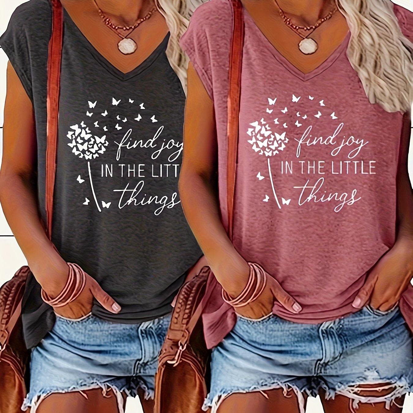 Women's Printed V-Neck T-Shirts Short Sleeve Casual Spring Summer Pack of 2
