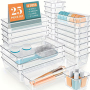 25-Piece Transparent PET Plastic Drawer Organizers with Non-Slip Partitions for Kitchen Bathroom Jewelry Cosmetics