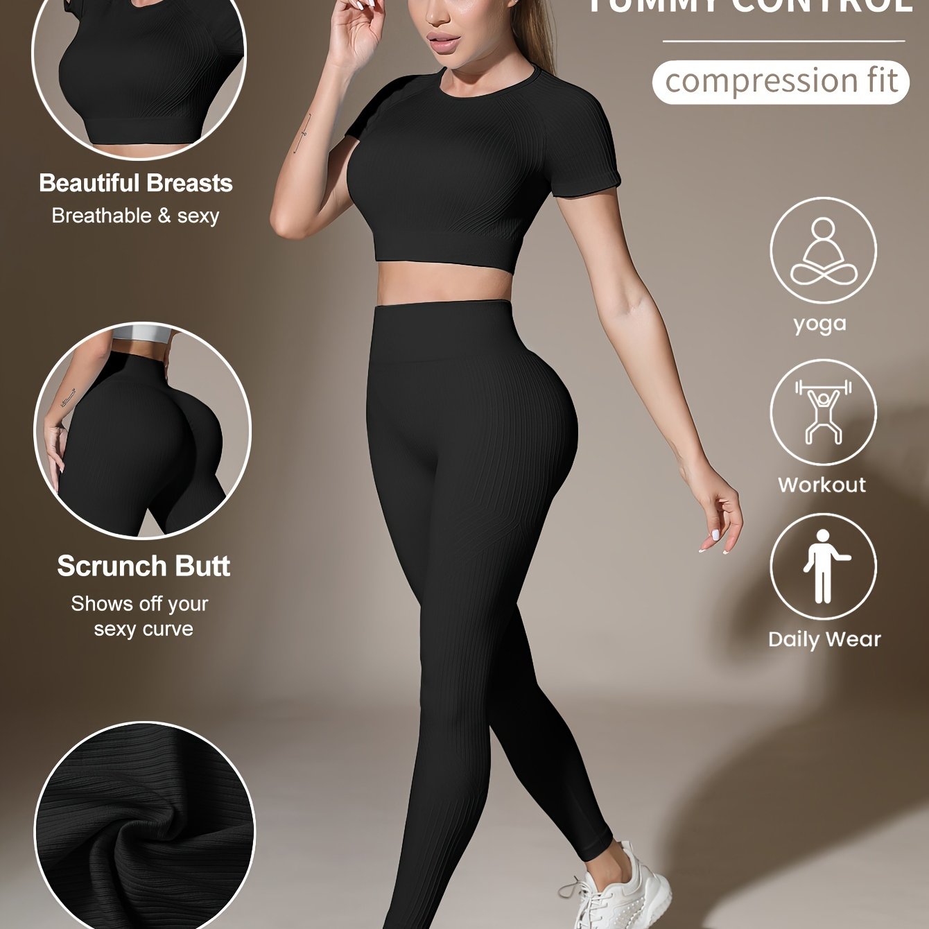 Women's Activewear Set for Workout and Running Breathable Yoga Top High Waist Leggings Solid Color