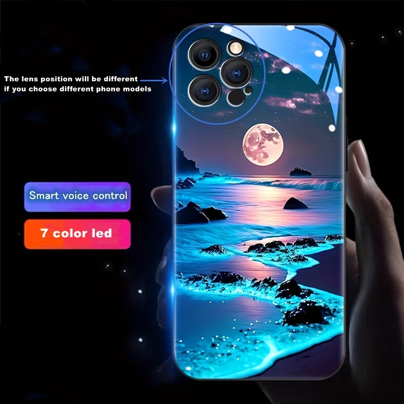 Luminous Smart Voice Control Phone Case for Samsung iPhone with Landscape Design and Tempered Glass