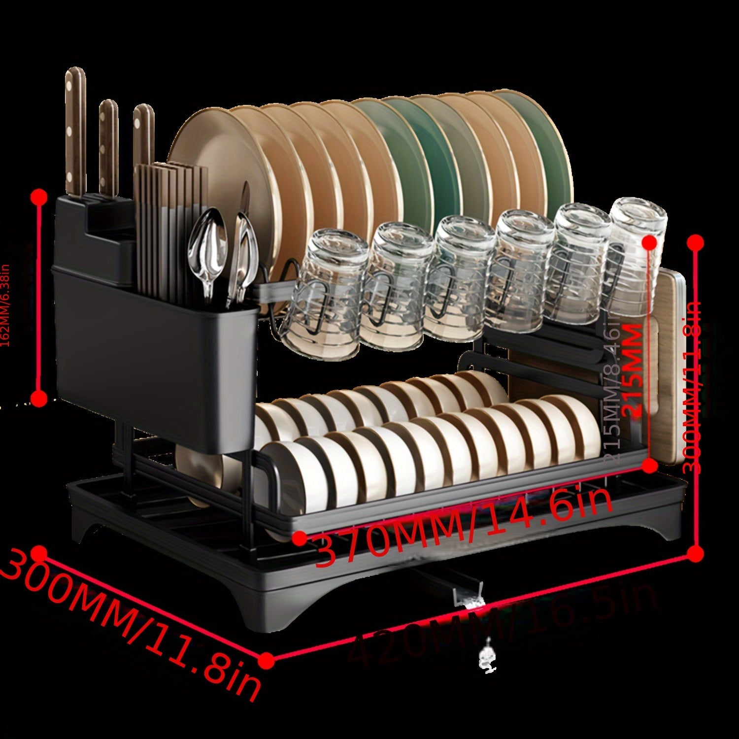 2-Tier Iron Dish Drying Rack with Drainboard Cutlery Holder and Glass Shelf