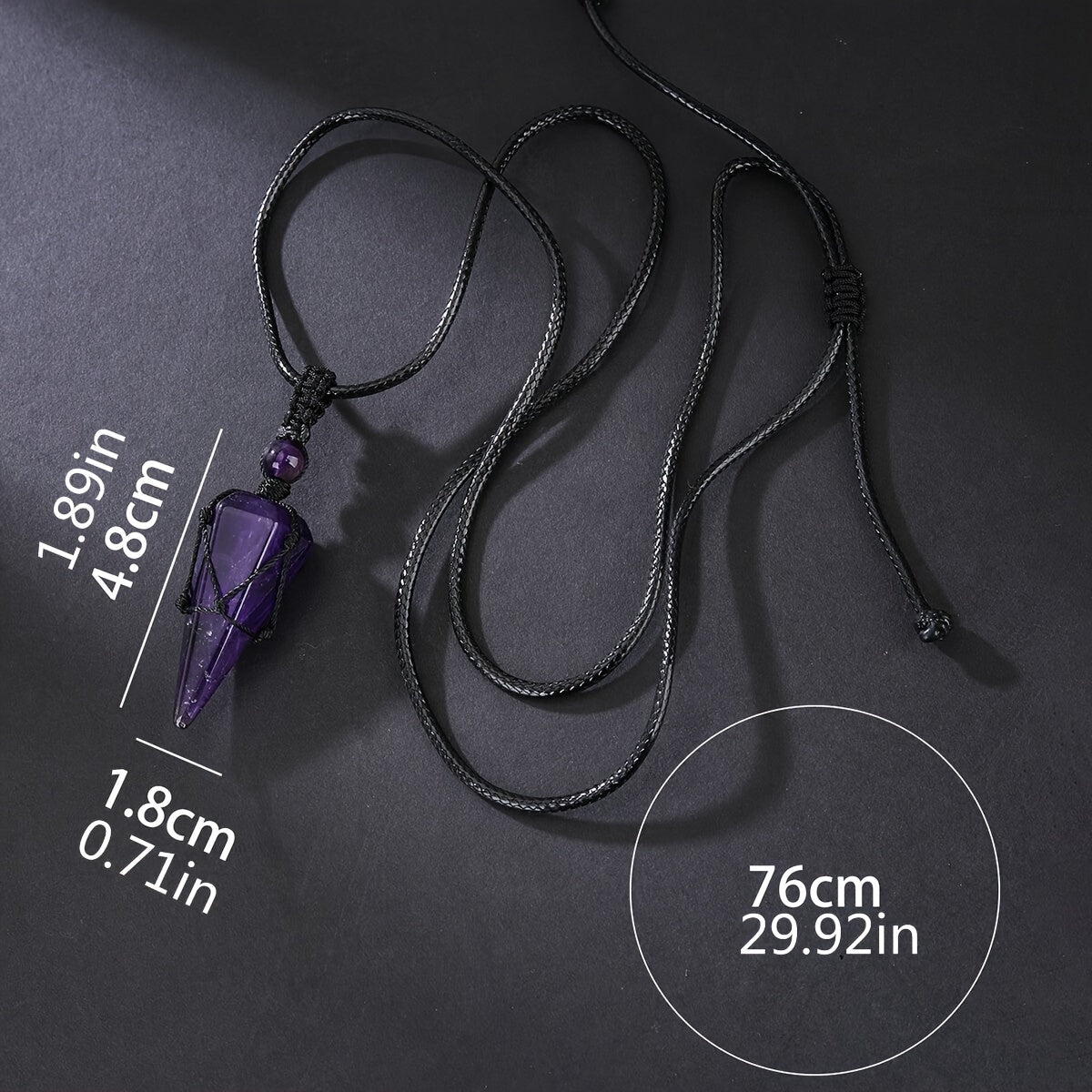 Men's Hexagonal Cone Pendant Necklace with Braided Rope and Amethyst Crystal