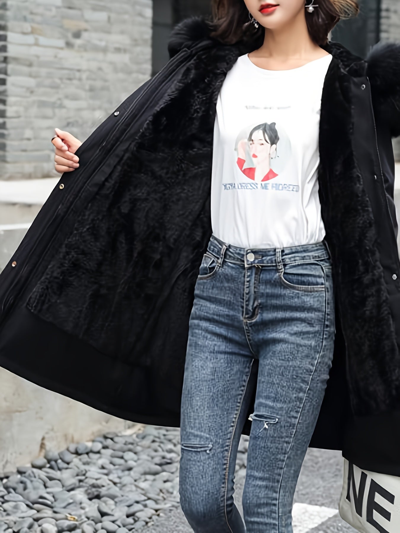 Parka beige adelgazante para mujer con capucha desmontable de pelo sintético, forro de felpa, a prueba de viento