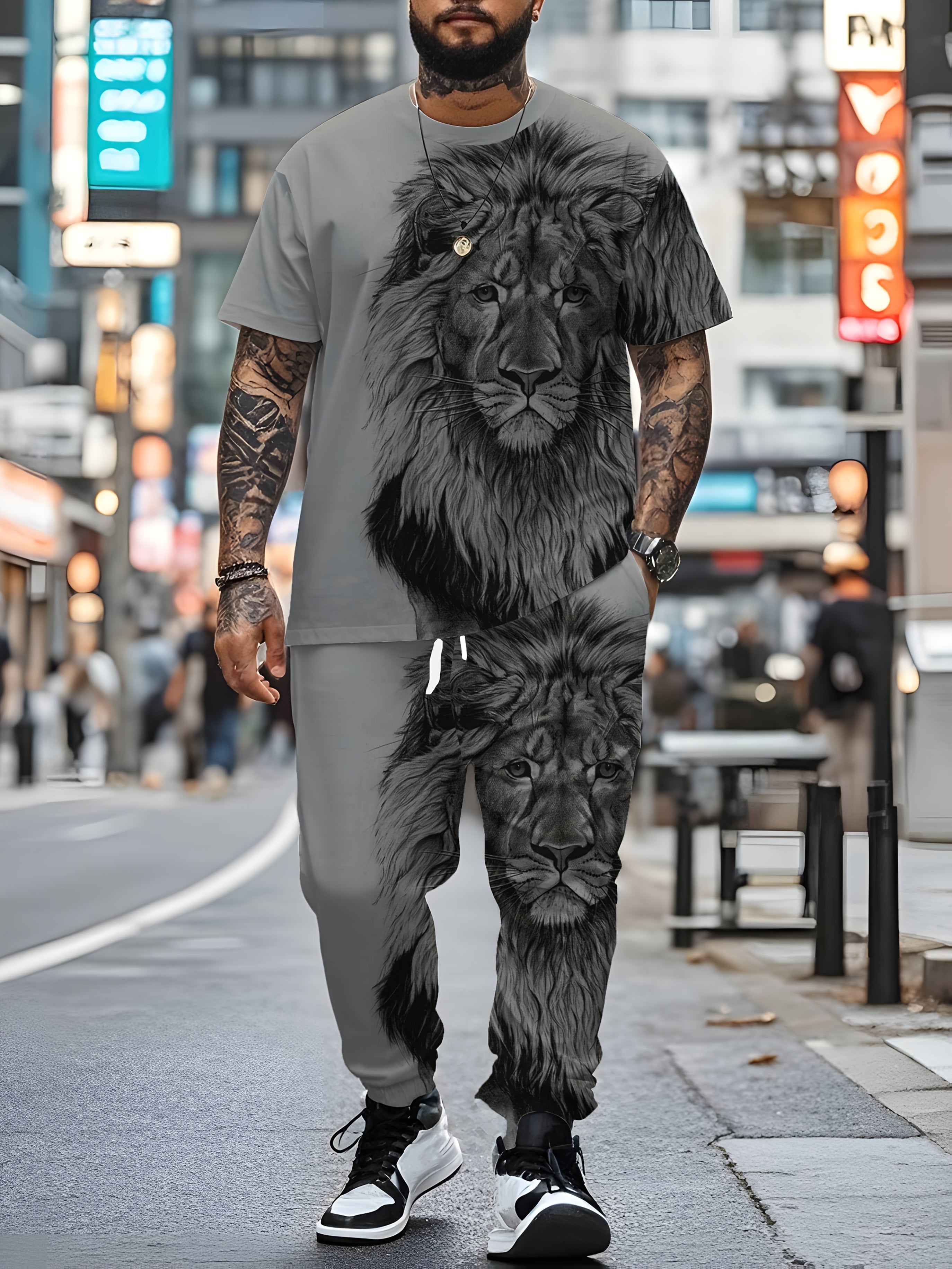 Men's Plus Size Lion Print Casual Outfit Short Sleeve T-Shirt and Sweatpants Set Summer Knit Fabric