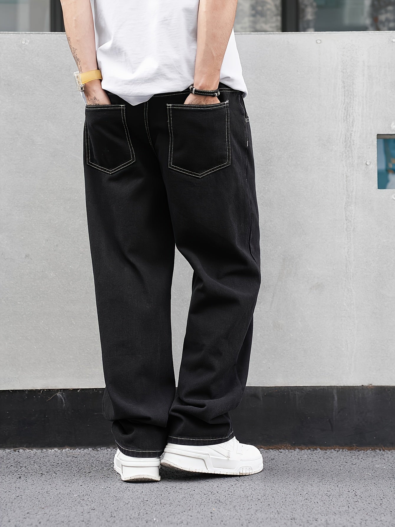 Men's Casual Denim Jeans Loose Fit Raw Wash Cotton Polyester Low Waist Regular Length