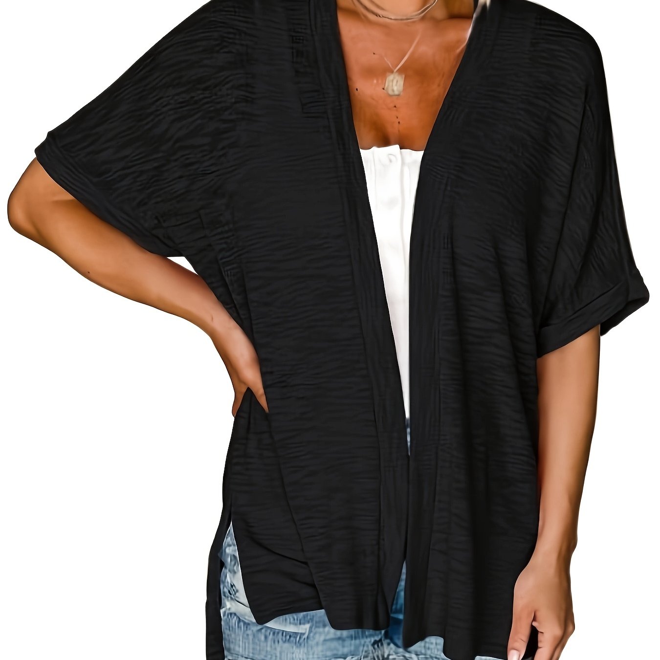 Cárdigan kimono azul marino para mujer, ligero, de manga corta y abertura frontal