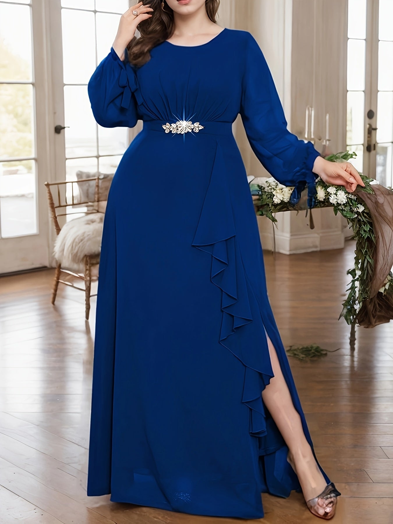 Plus Size Women's Chiffon Bridesmaid Dress with Rhinestones Purple