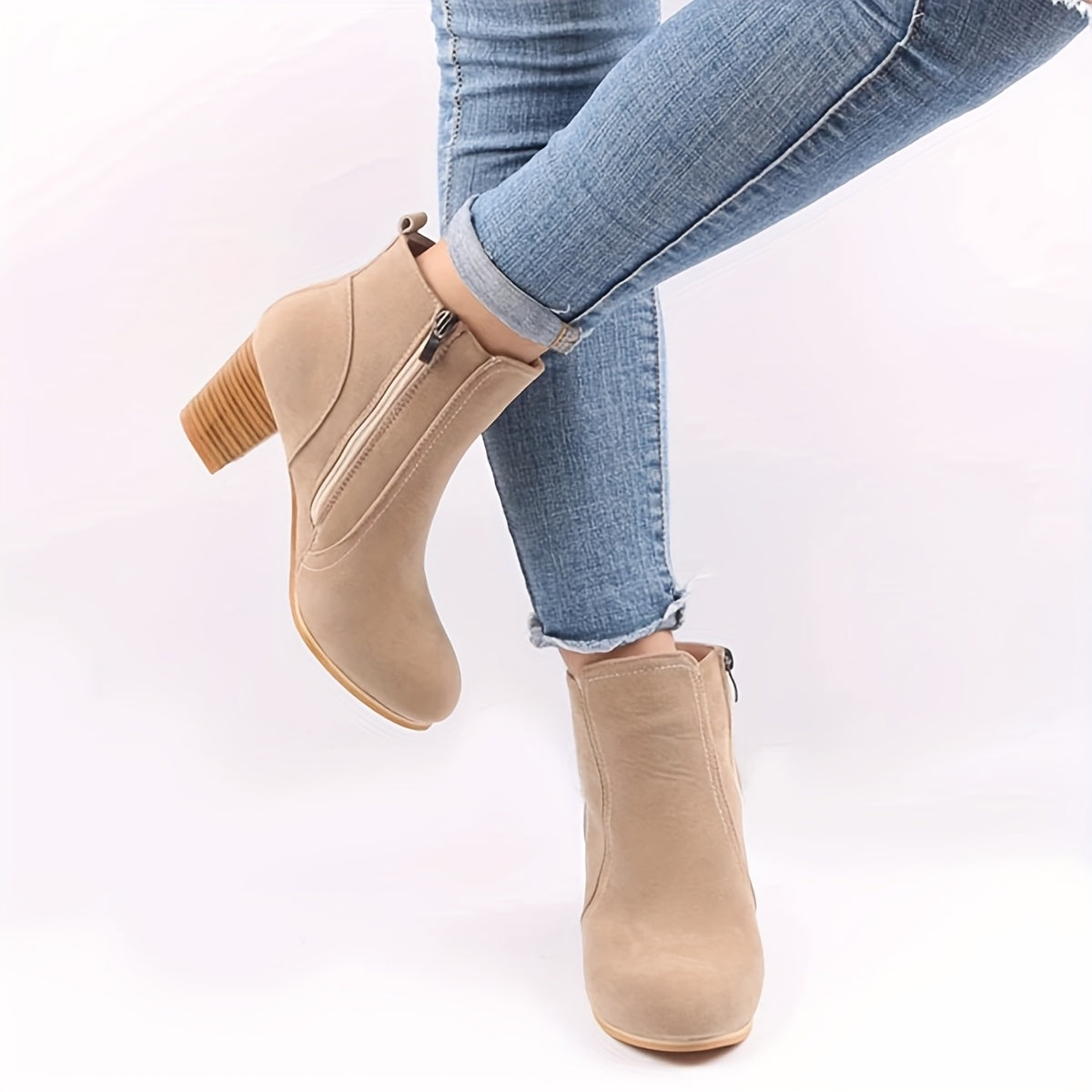 Women's Beige Fabric Ankle Boots with Chunky Heel and Zipper