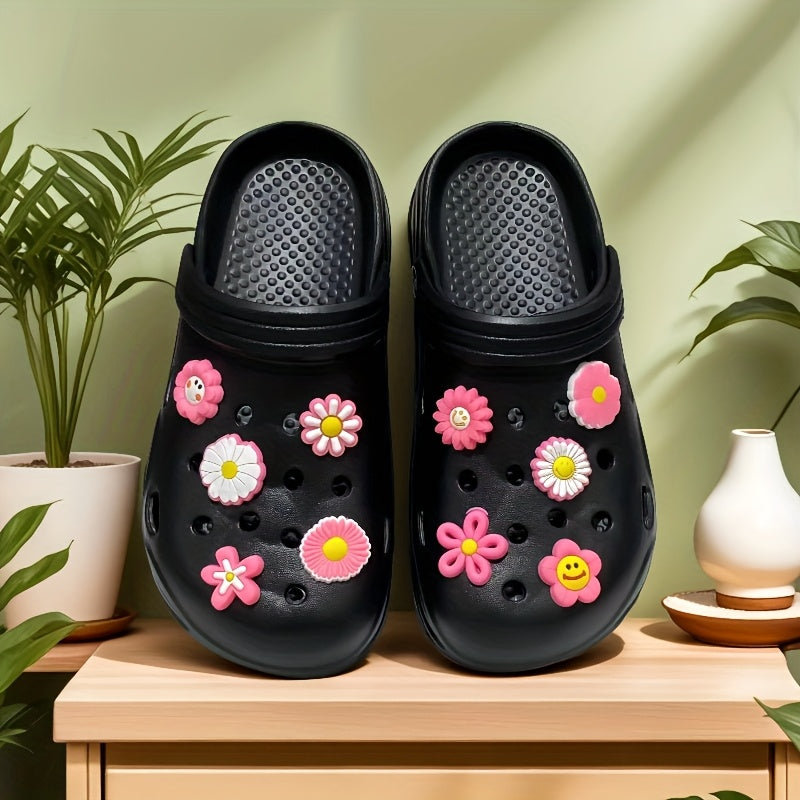 Women's Summer Clogs With Pink Flower Accessories Slip-On Comfortable Beach Daily